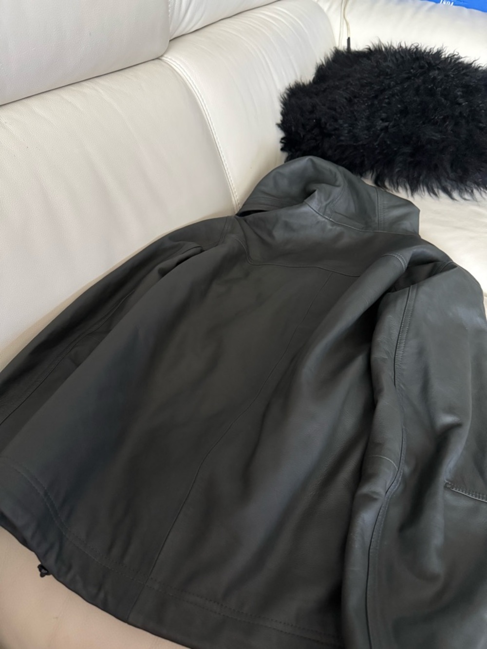 Women's Hooded Bomber Leather Jacket -Stone Grey - Picture 4 of 7